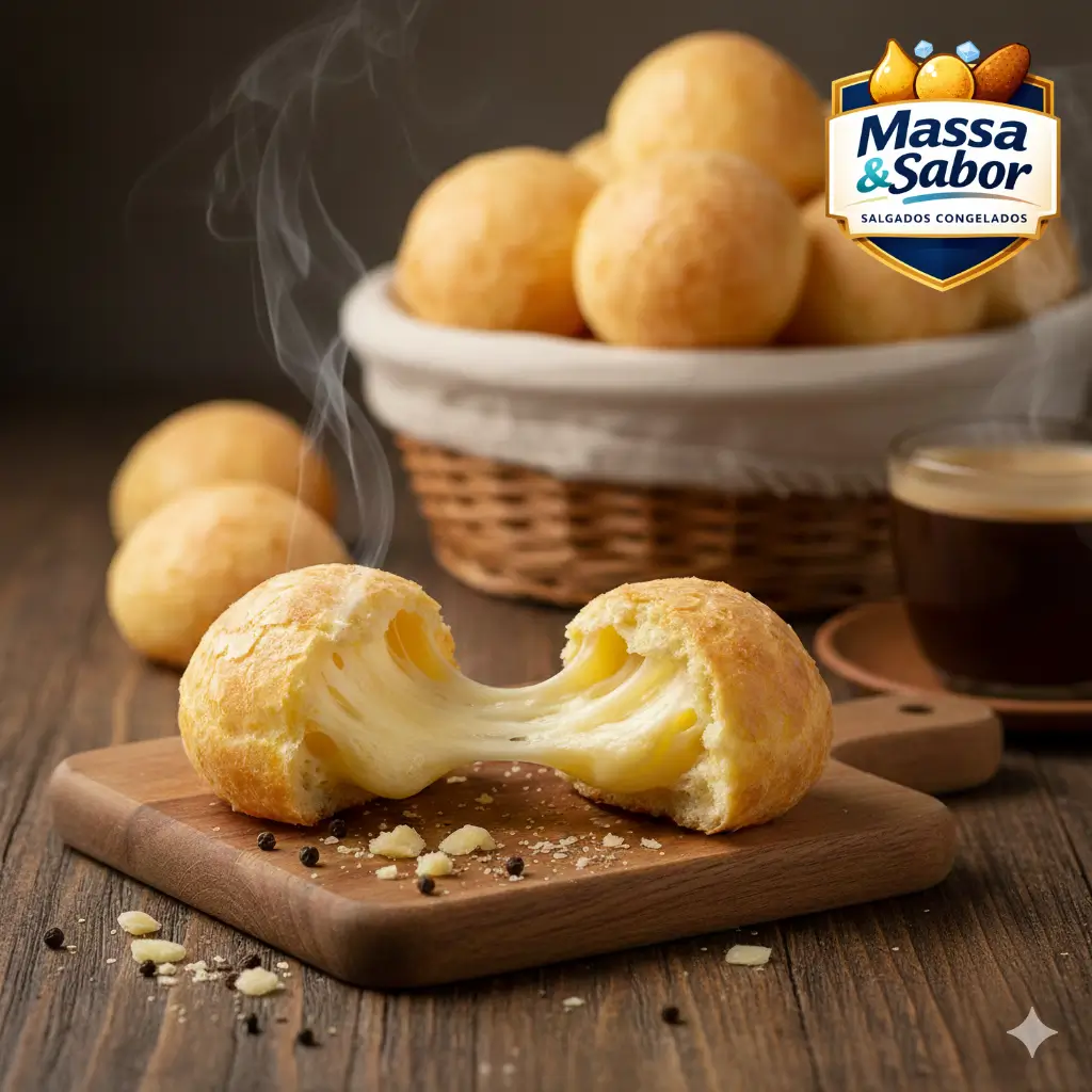 Pão de queijo quentinho da fábrica de salgados congelados em São Gonçalo Massa e Sabor